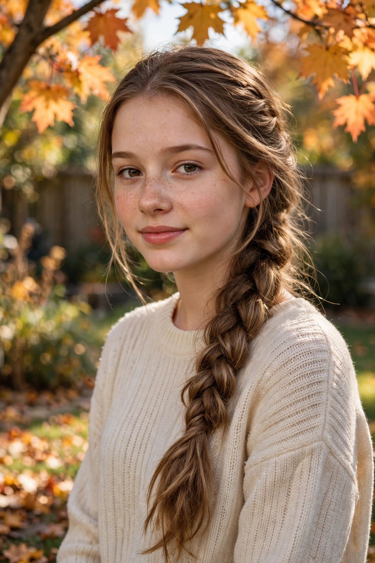 Teen girl in her late teens with long light-brown hair in a loose Dutch braid over one shoulder in a backyard