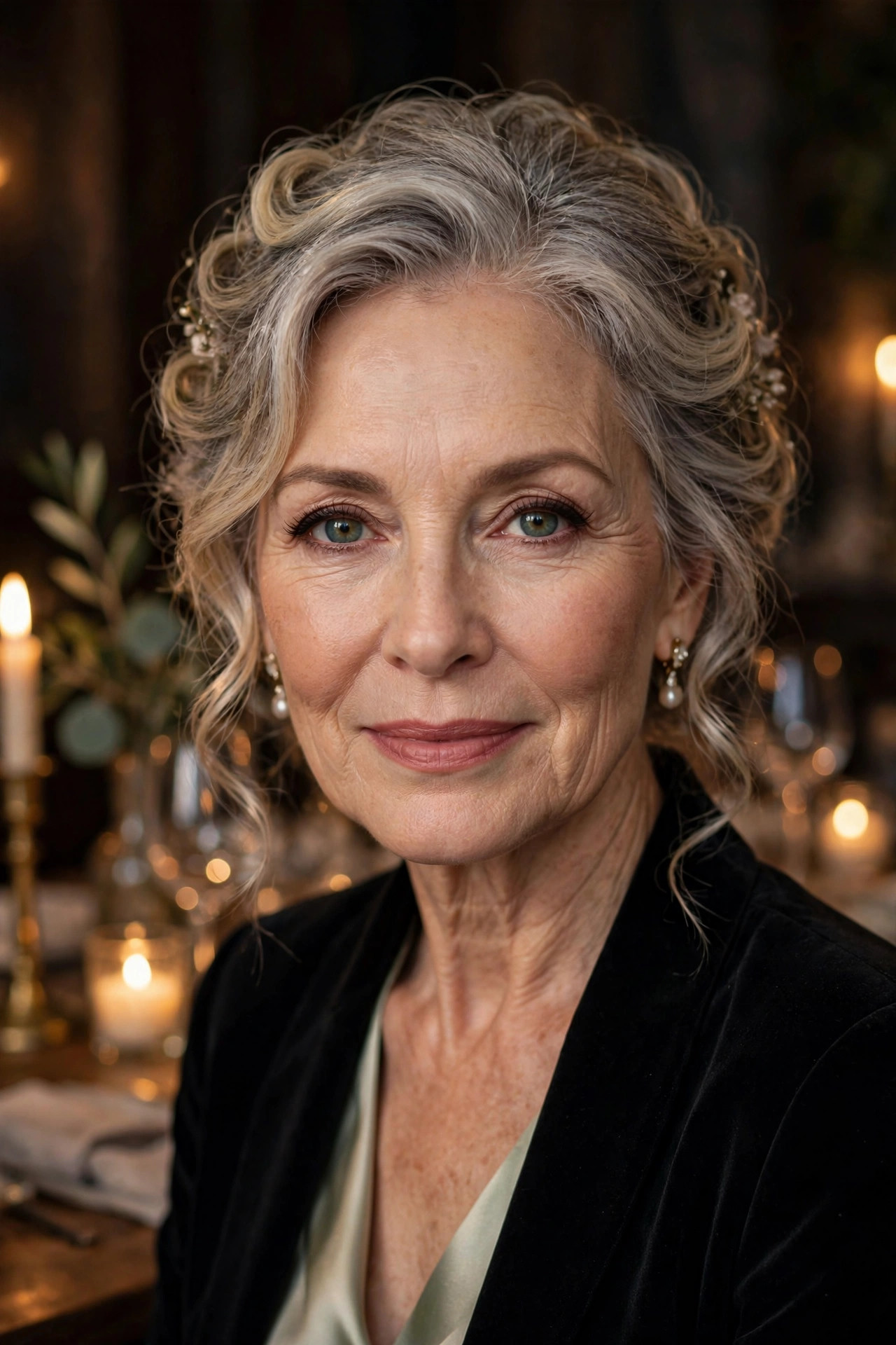 Woman in her mid 60s with gray-blonde hair in a soft wavy pinned updo at a candlelit table