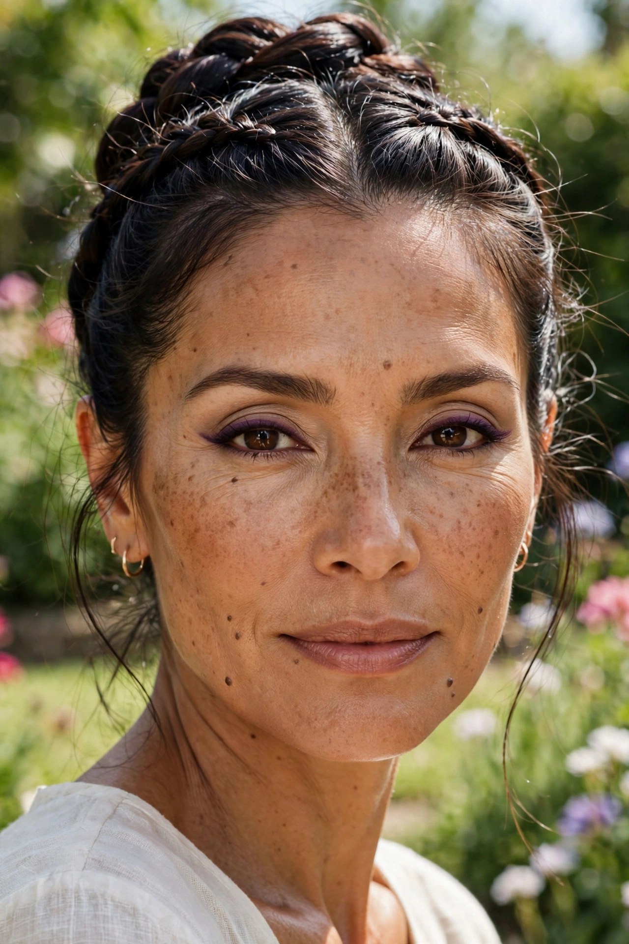 Woman in her mid-40s with a braided updo wearing plum eyeliner in garden light