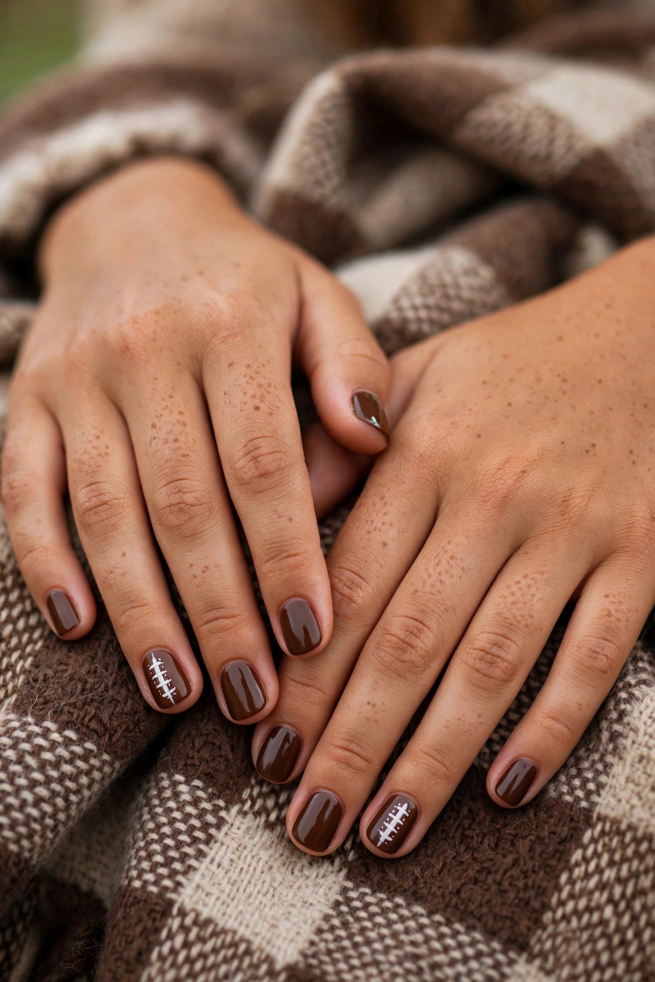 Teen hands with tan skin and short nails with football lace nail art designs