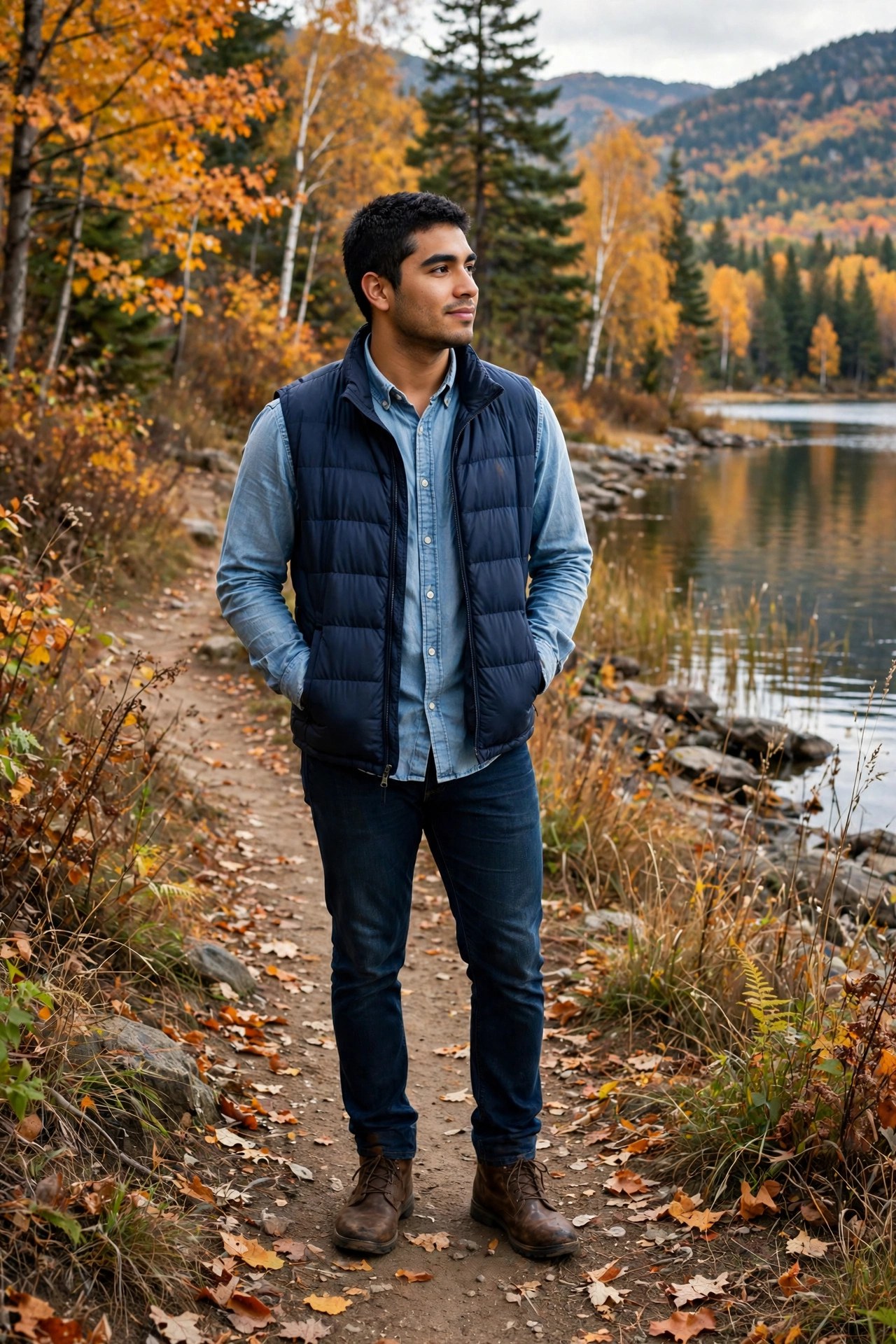 Latino man in his late 20s wearing a chambray shirt with a puffer vest on a lakeside trail