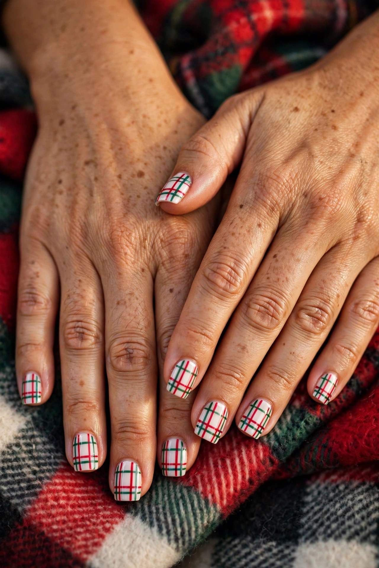 Hands with tan skin and square nails with red green and white holiday plaid nail art