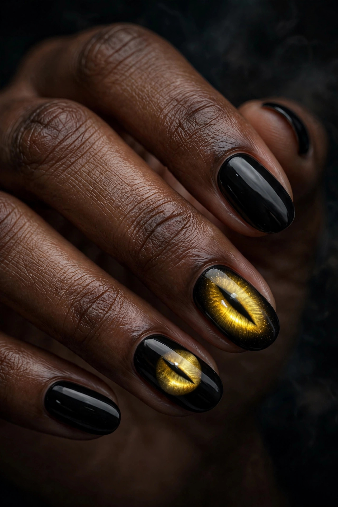 Short almond nails with black cat eye nail art, yellow eyes on black polish