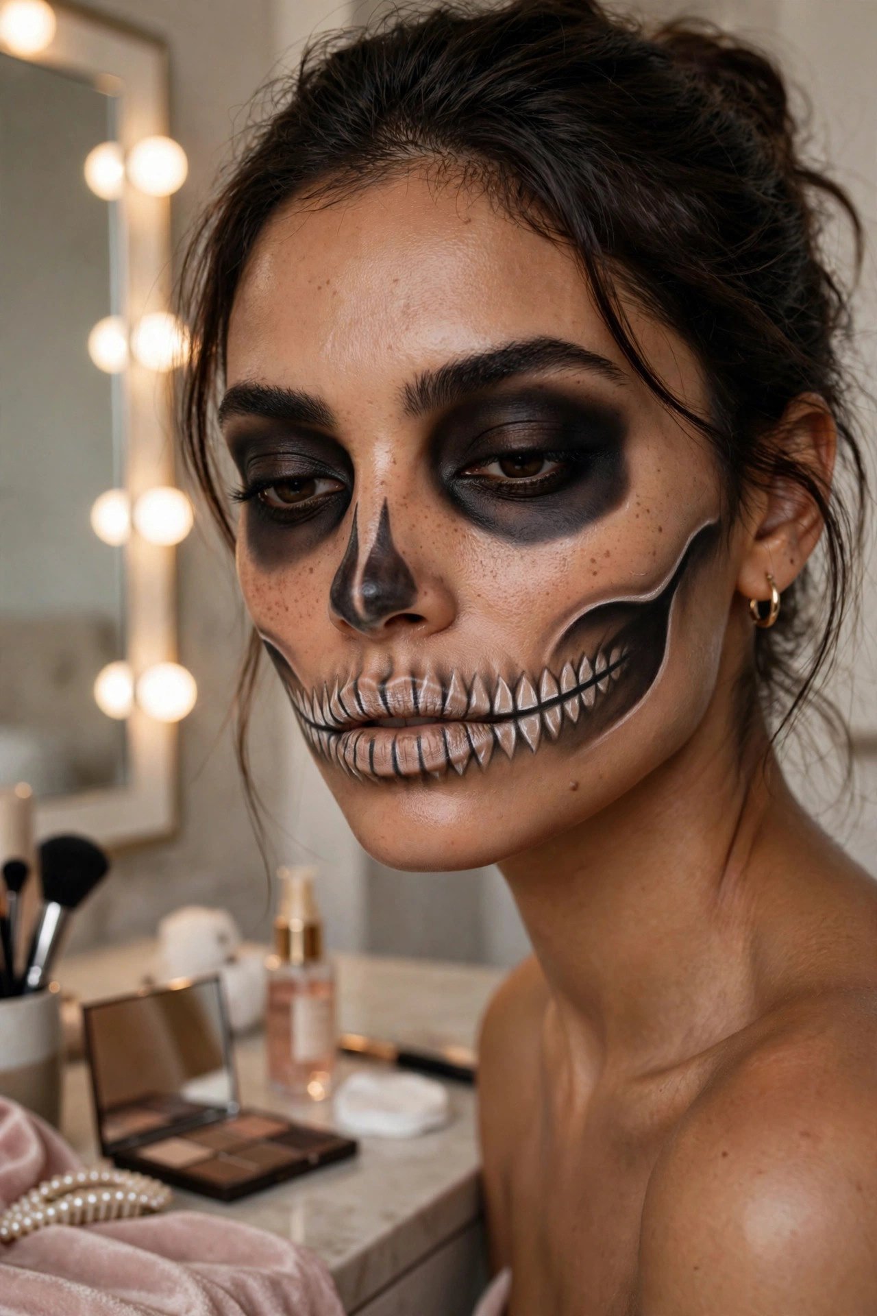 Woman with skeleton smile focused skull Halloween makeup