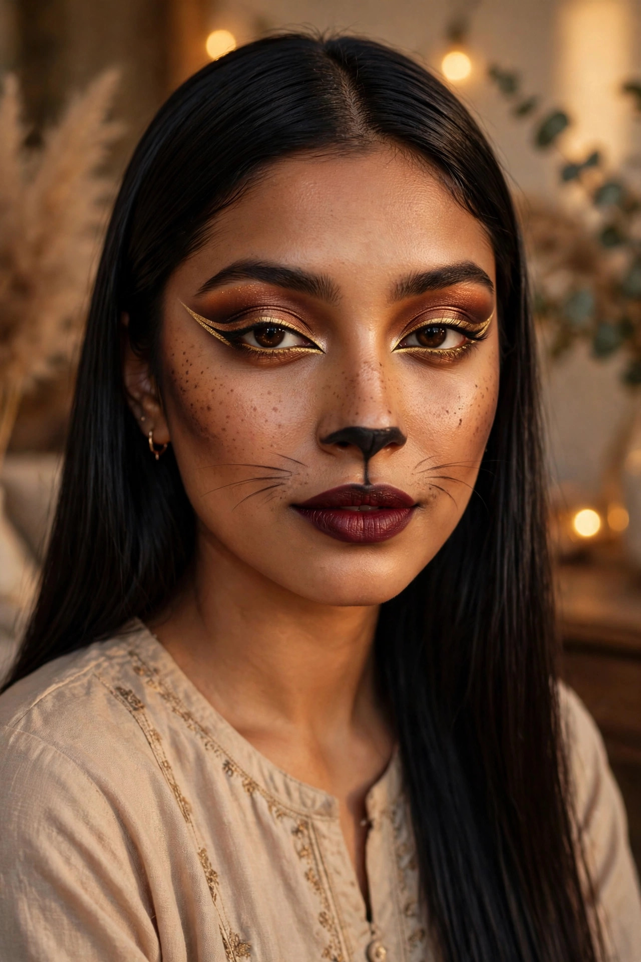 Teen girl with Egyptian Bastet cat Halloween makeup, gold liner wings and bronze tones