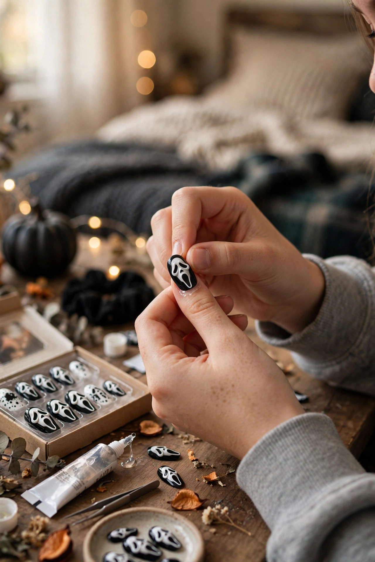 Teen hand applying Ghostface press-on nails at home
