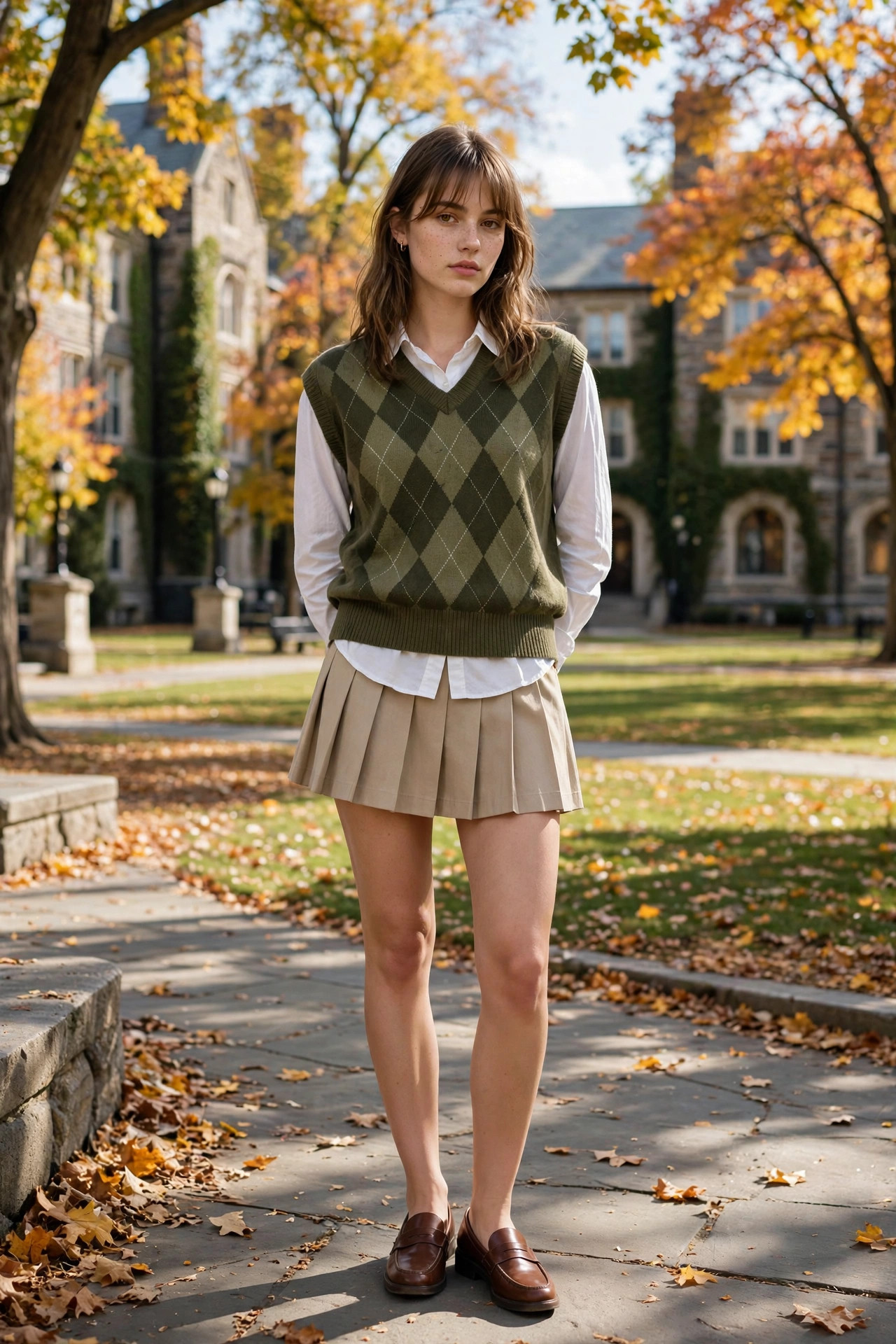 Young woman with curtain bangs wearing an argyle sweater vest and mini skirt with loafers on a college campus quad