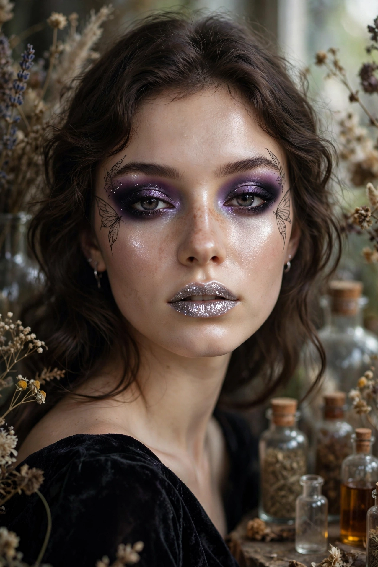 Photorealistic portrait of a woman wearing dark fairy witch makeup with silver lips