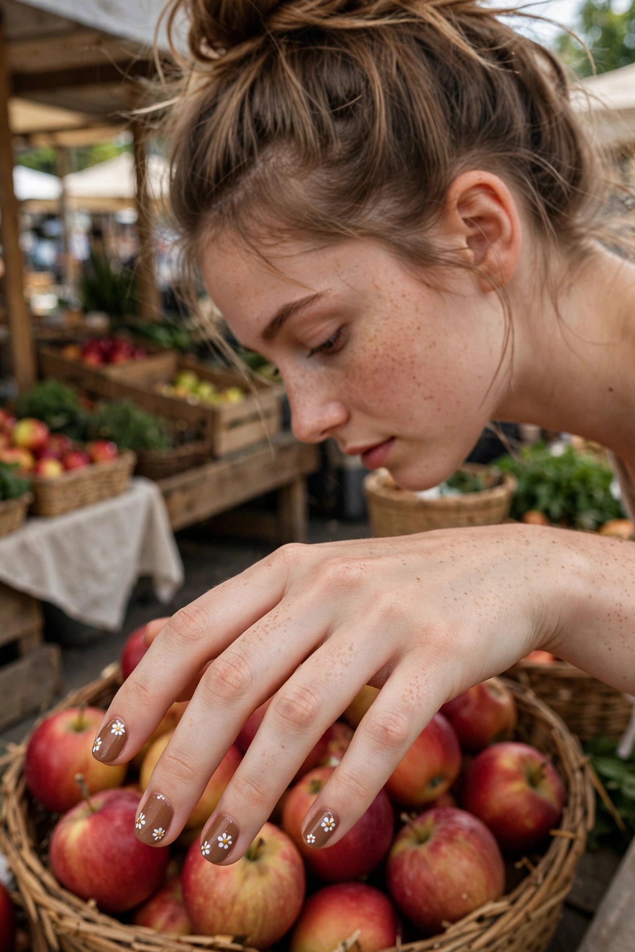 Short round mocha brown nails with tiny white daisy flowers, hand over a basket of apples at a farmers market