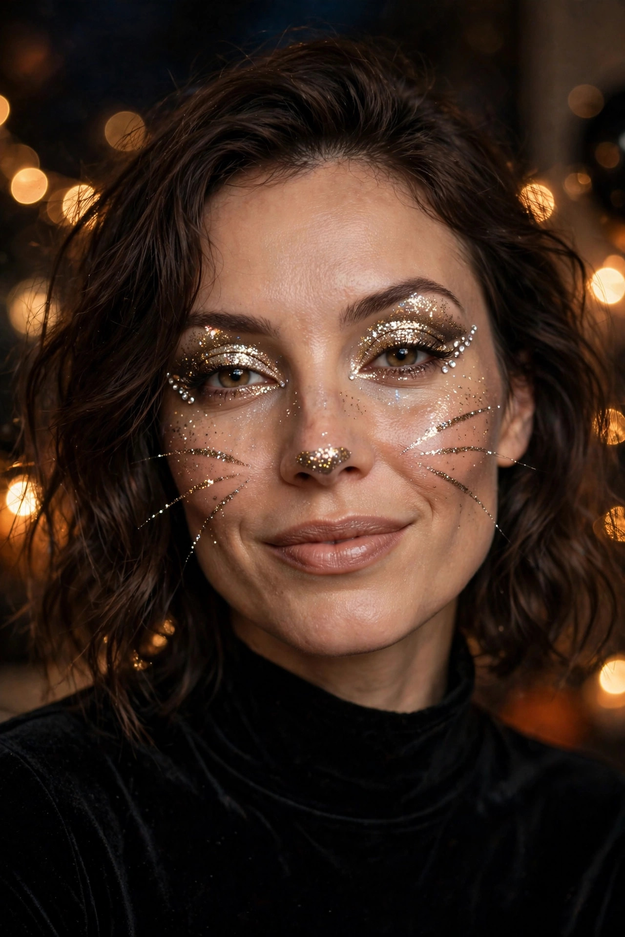 Woman with glitter whiskers cat makeup for Halloween party, sparkling glitter eyes and rhinestones