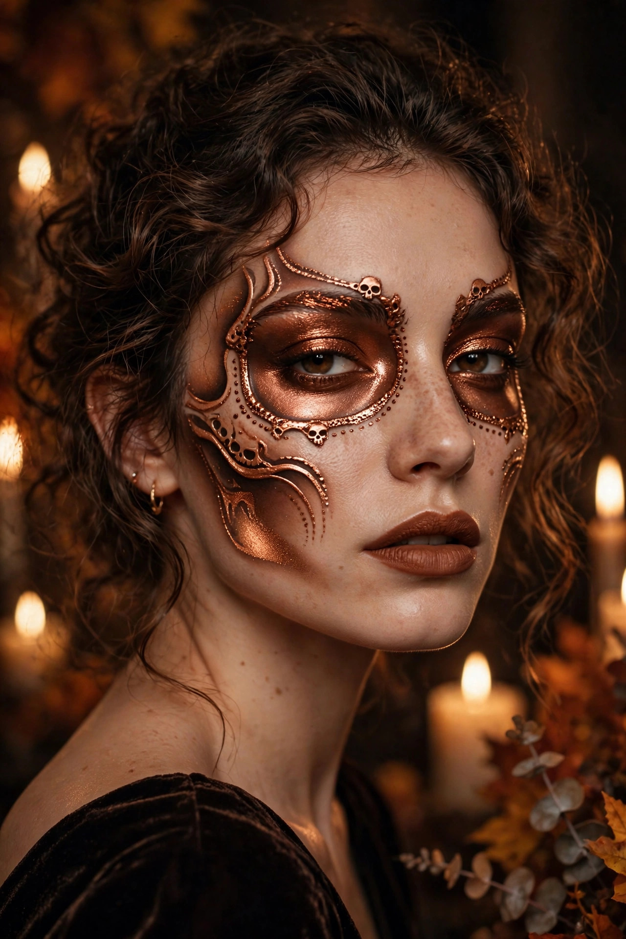 Woman with copper metallic glam skull Halloween makeup