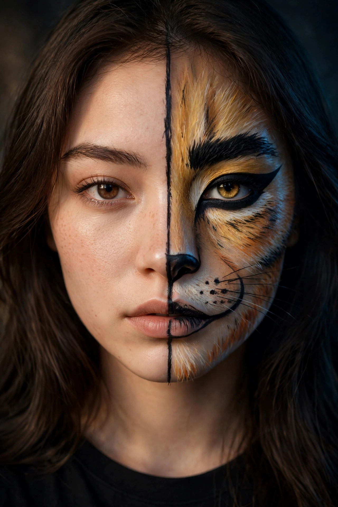 Woman with half-face cat Halloween makeup, one side natural and one side feline