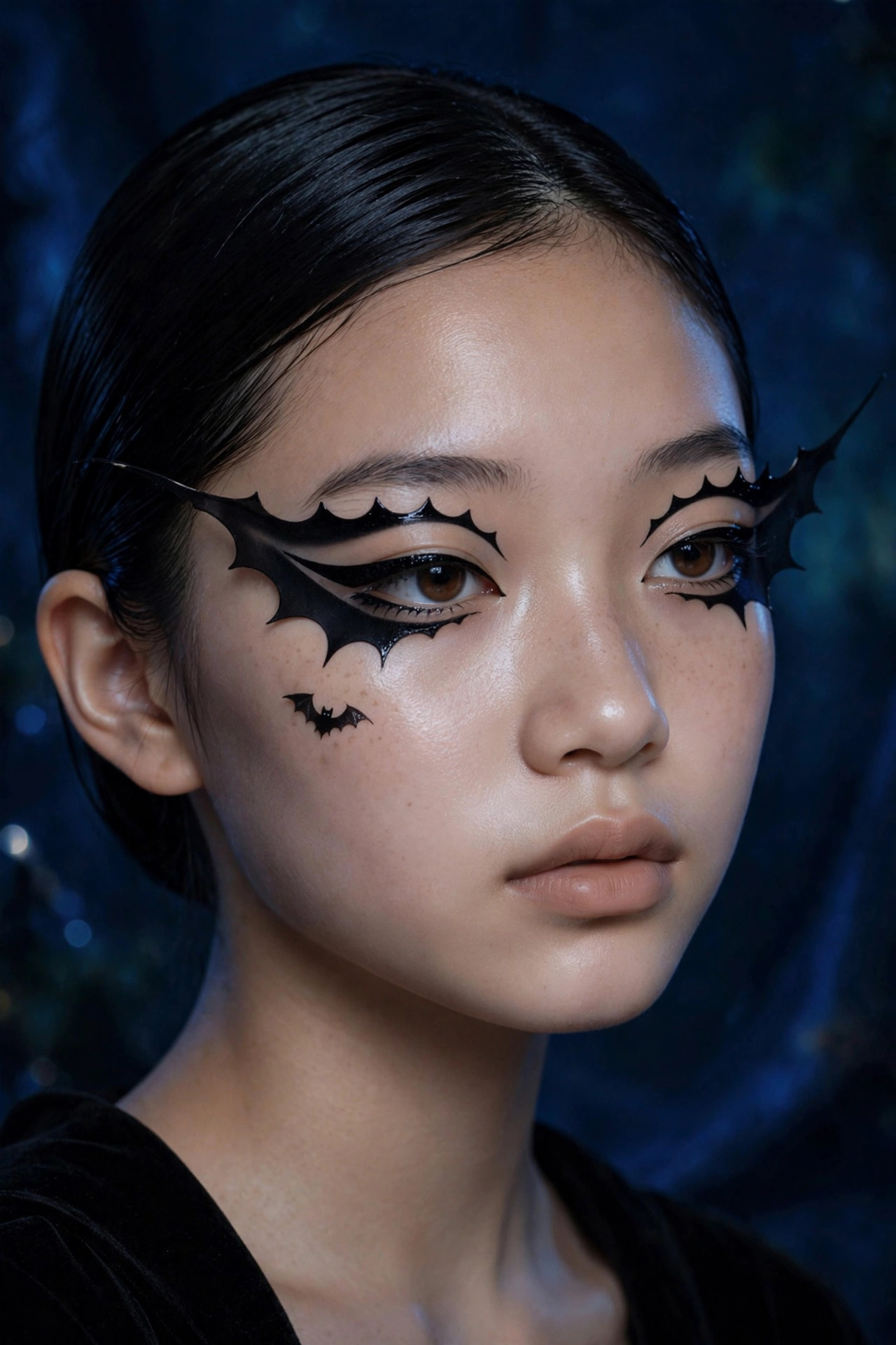 Teen girl with bat wing eyeliner Halloween makeup, extended wing shaped like bat wings