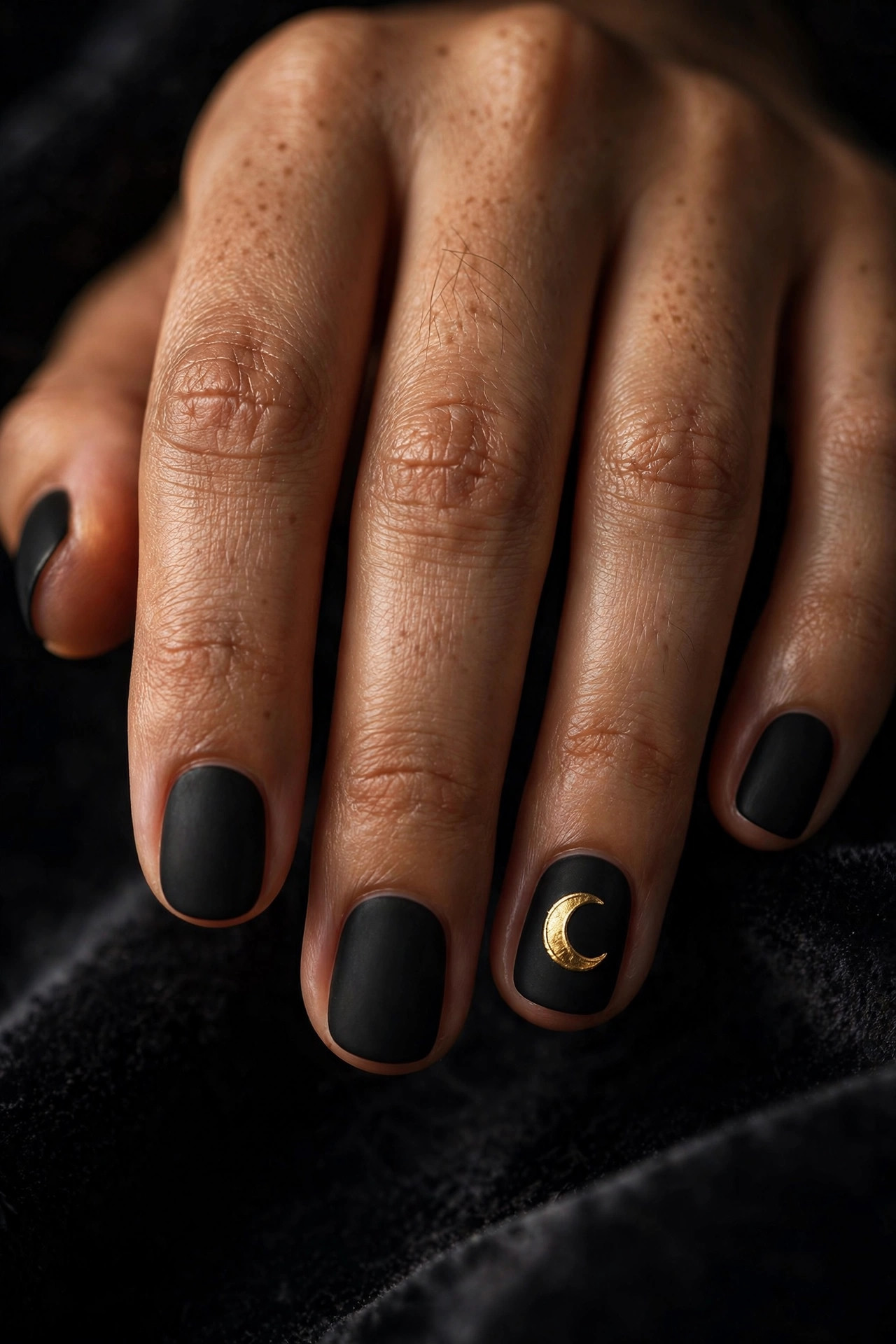 Short nails with matte black polish and gold foil crescent moon accent