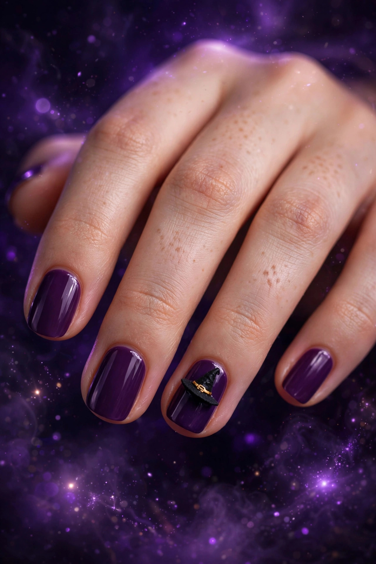 Teen hand with purple nails and tiny witch hat accent nail