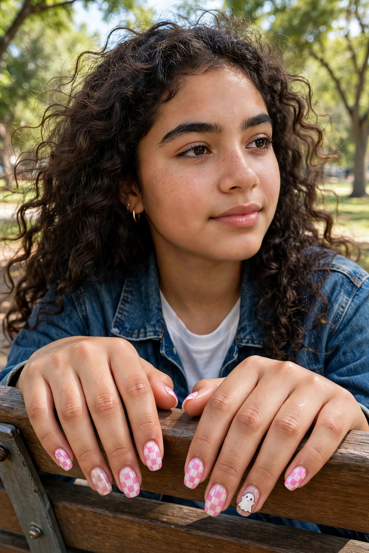 Teen nails with pink and white checkerboard pattern and a small ghost accent