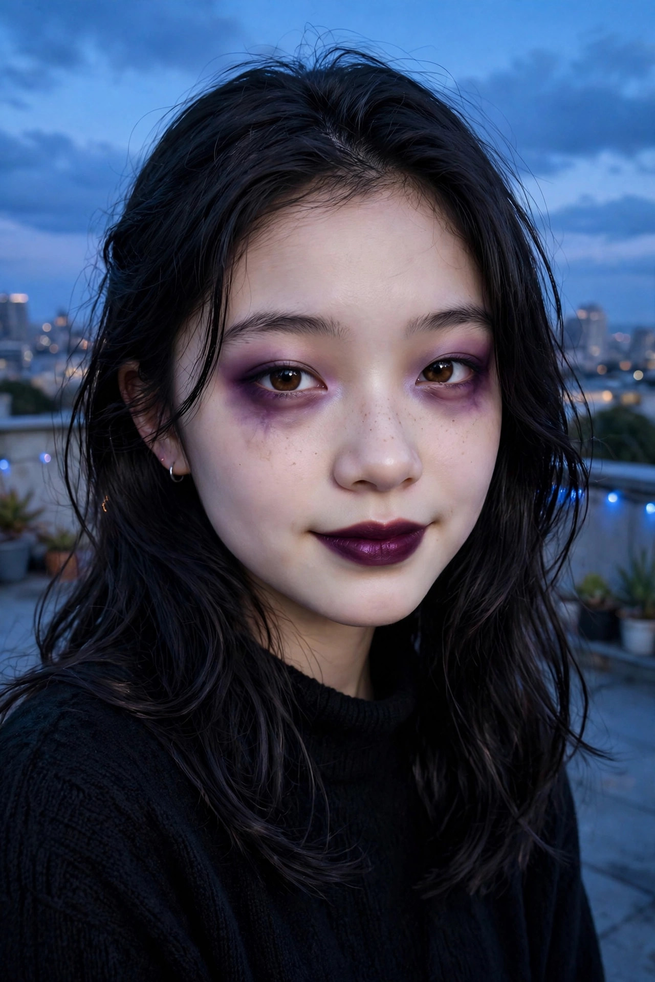Teen with bruised plum and purple shadowed eyes and a deep lip for vampire makeup