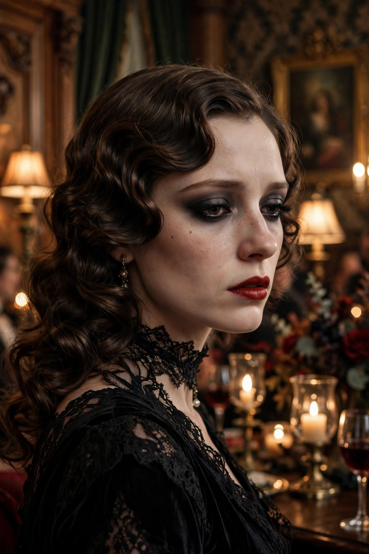 Woman with Victorian vampire makeup, vintage waves and a lace choker