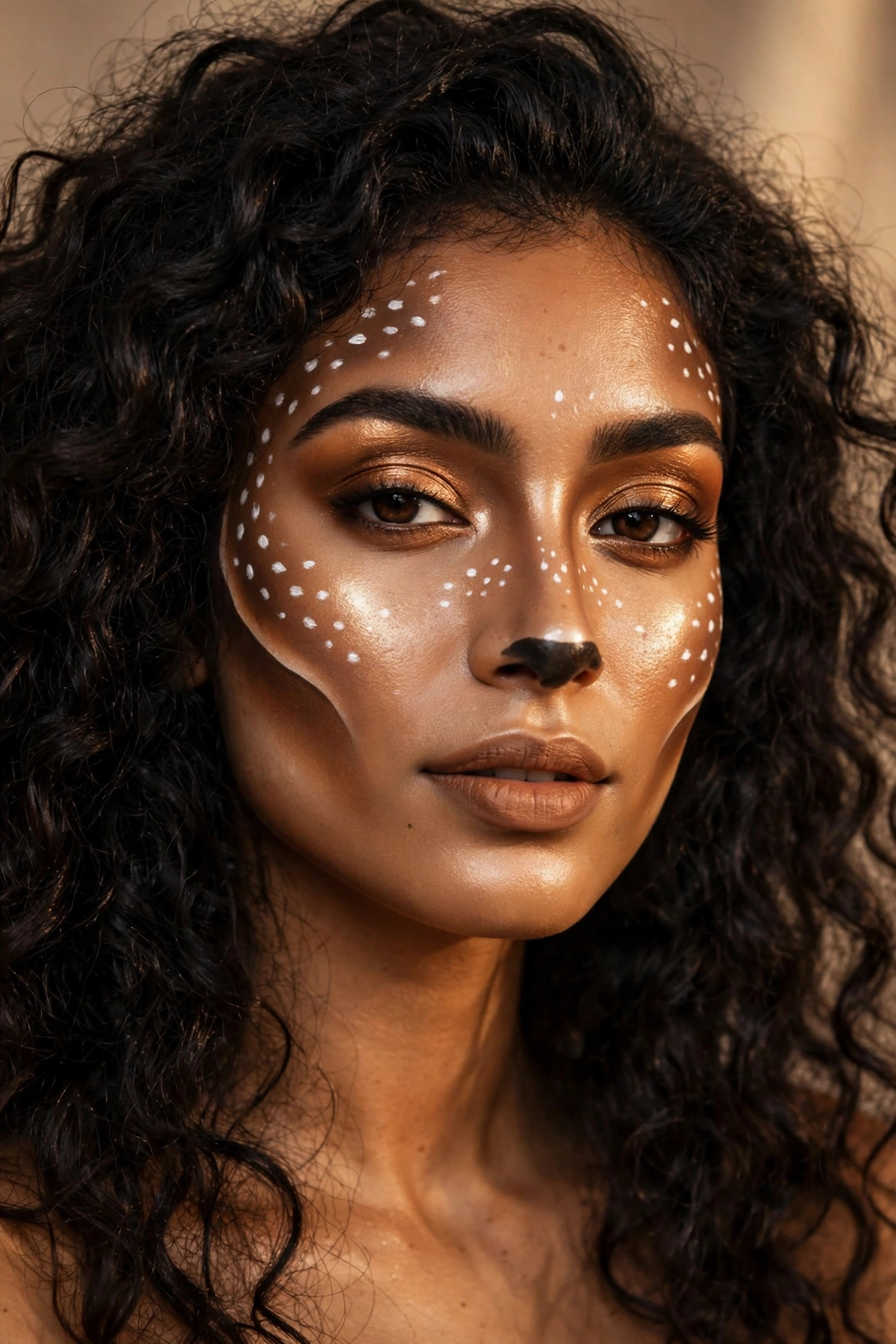 Woman with bronze goddess deer makeup, sculpted contour and metallic bronze eyeshadow