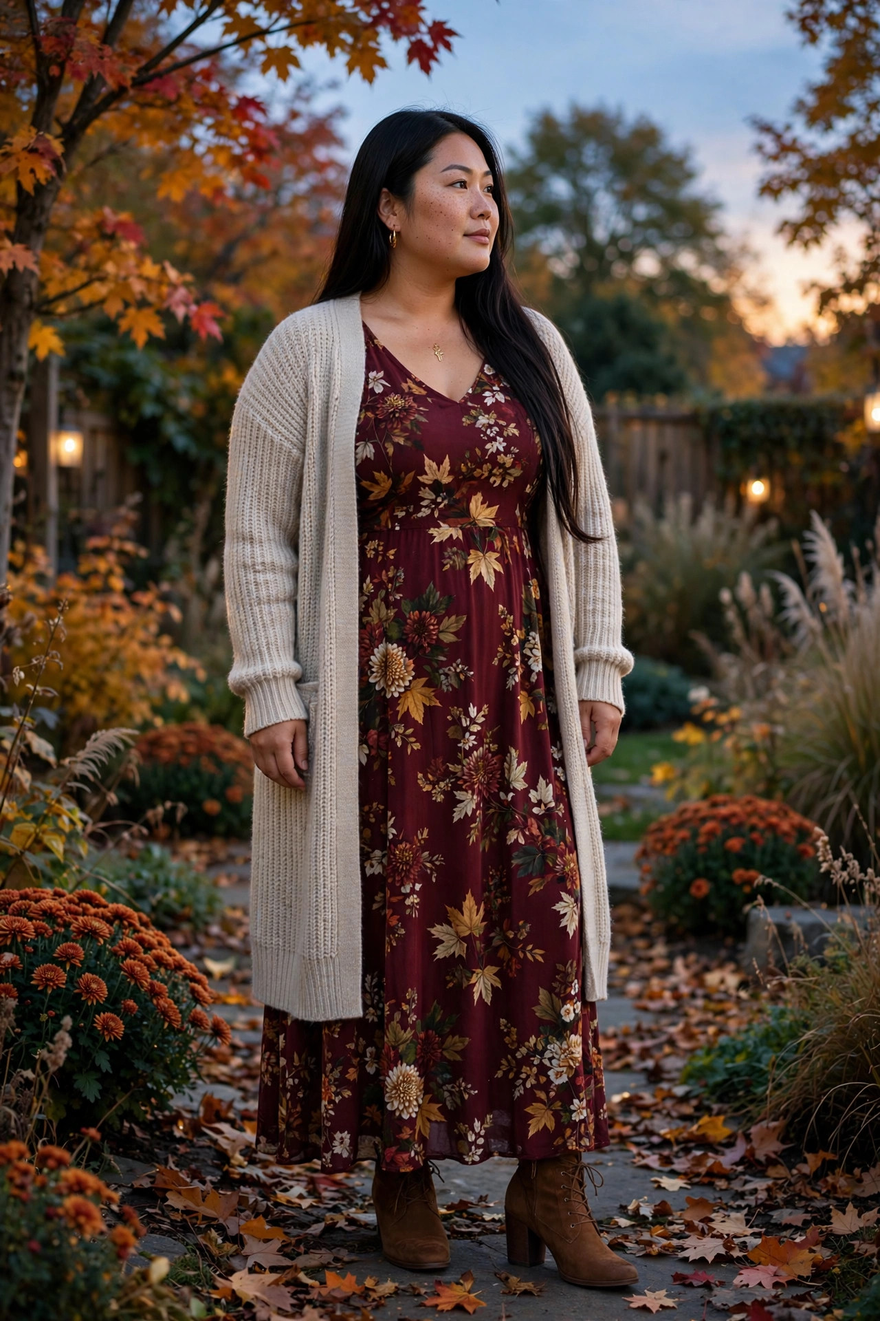 Plus-size woman in a fall floral maxi dress with a long open cardigan in a garden at dusk