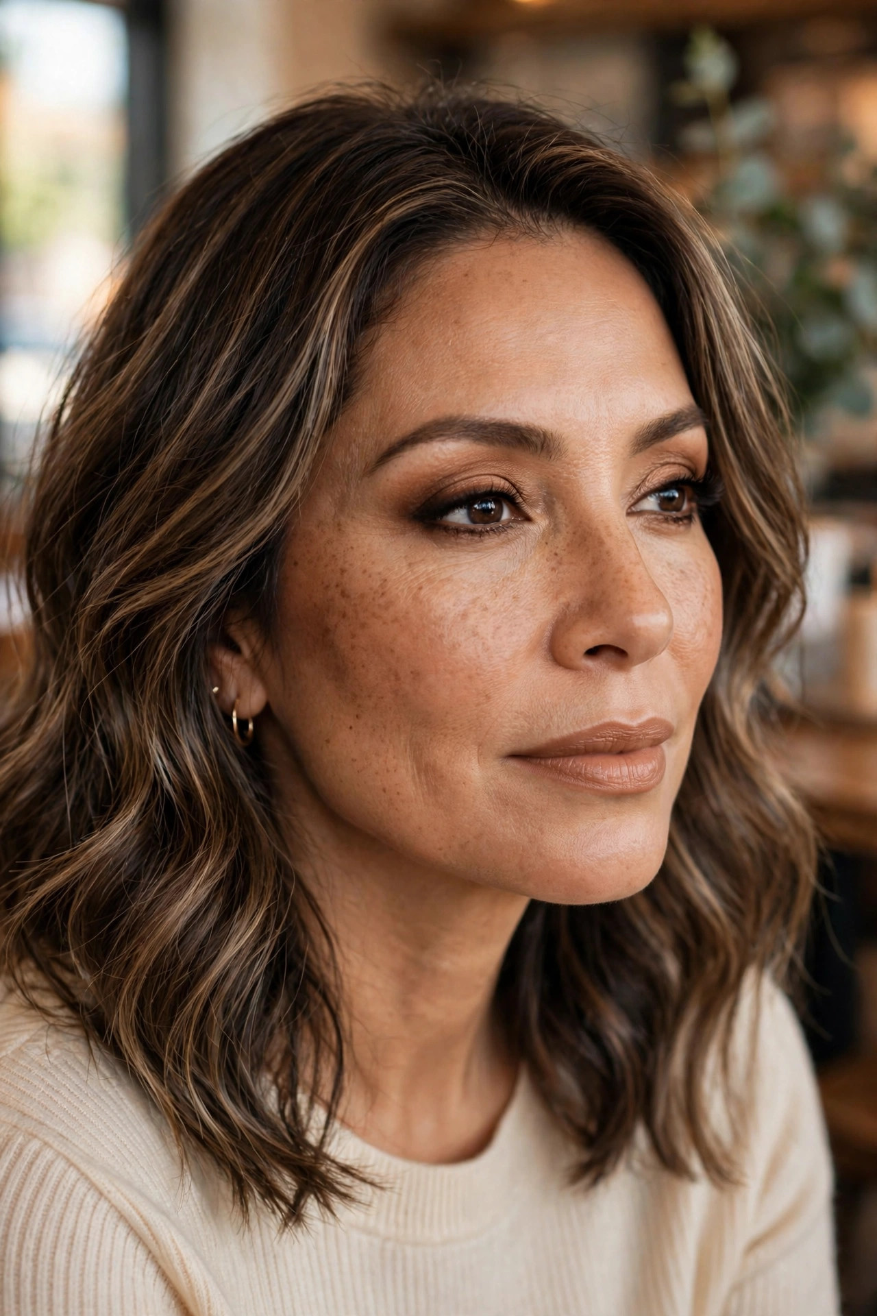 Woman with coffee-toned espresso eyeshadow, soft liner and a warm nude lip