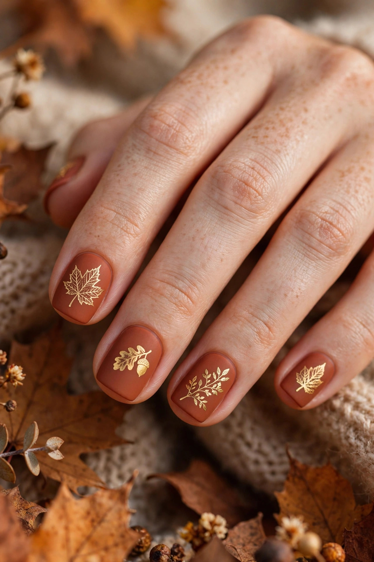 Short rust-colored nails with stamped autumn leaf designs in gold