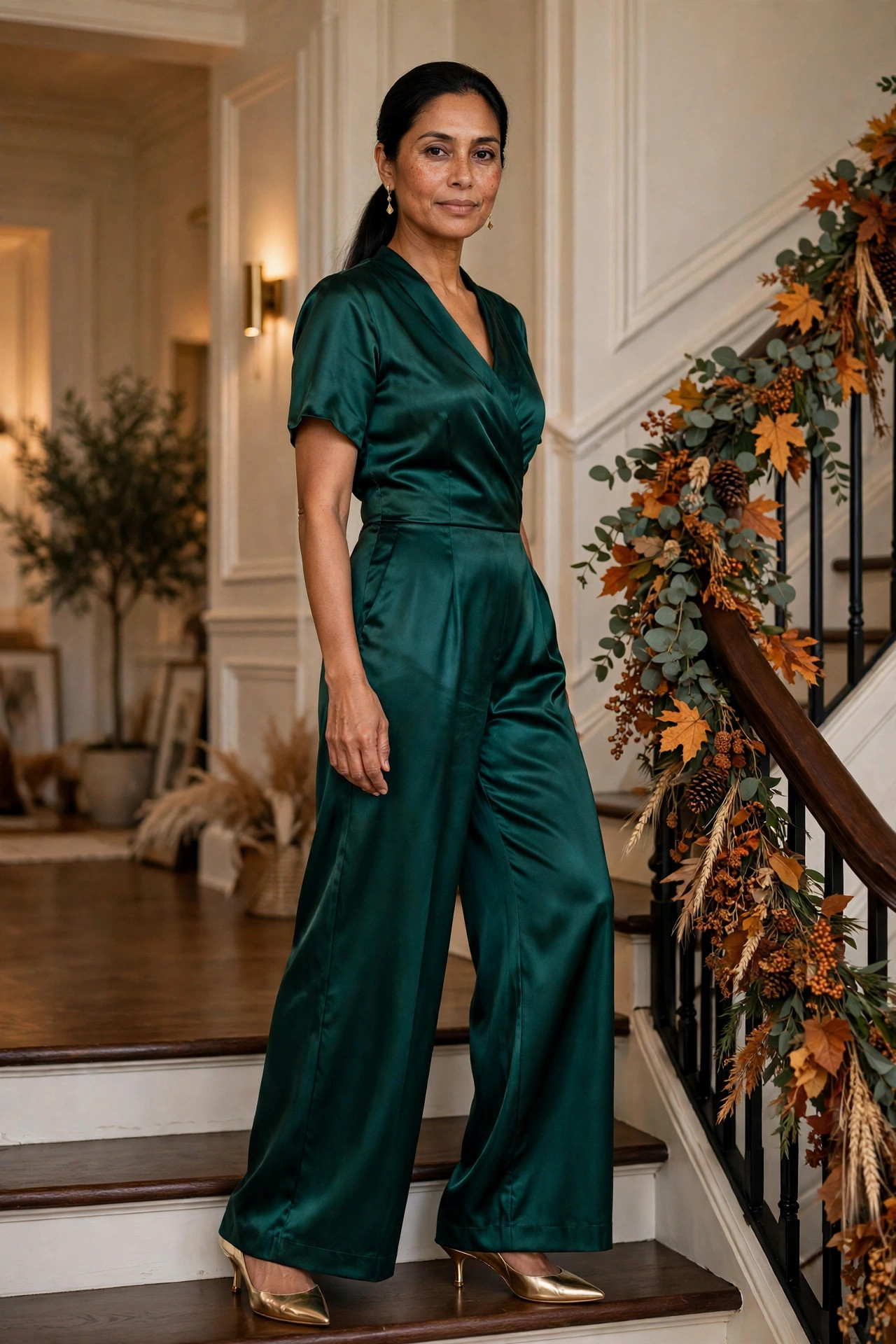 Woman in her mid 40s wearing an emerald wide-leg jumpsuit with kitten heels on a staircase