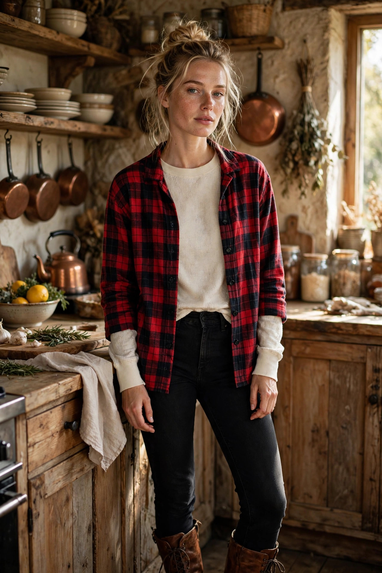 Young woman in a plaid shacket over a thermal with black jeans in a kitchen