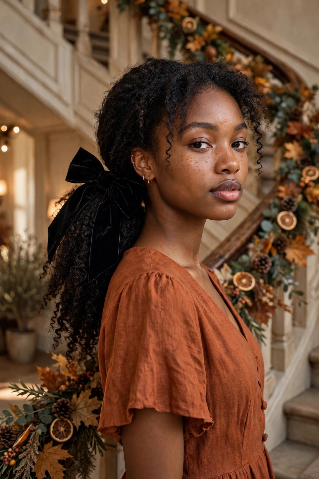 Young woman with a low ponytail finished with a velvet bow on a staircase