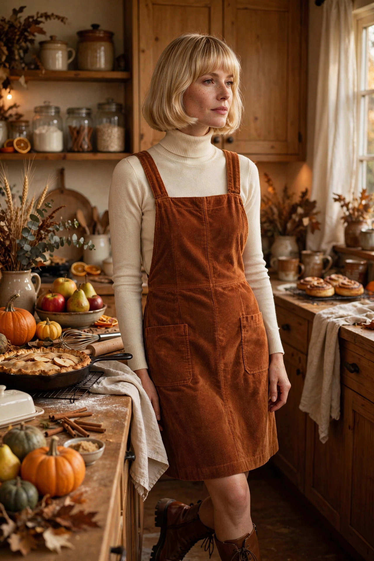 Woman in a corduroy pinafore dress over a turtleneck in a kitchen
