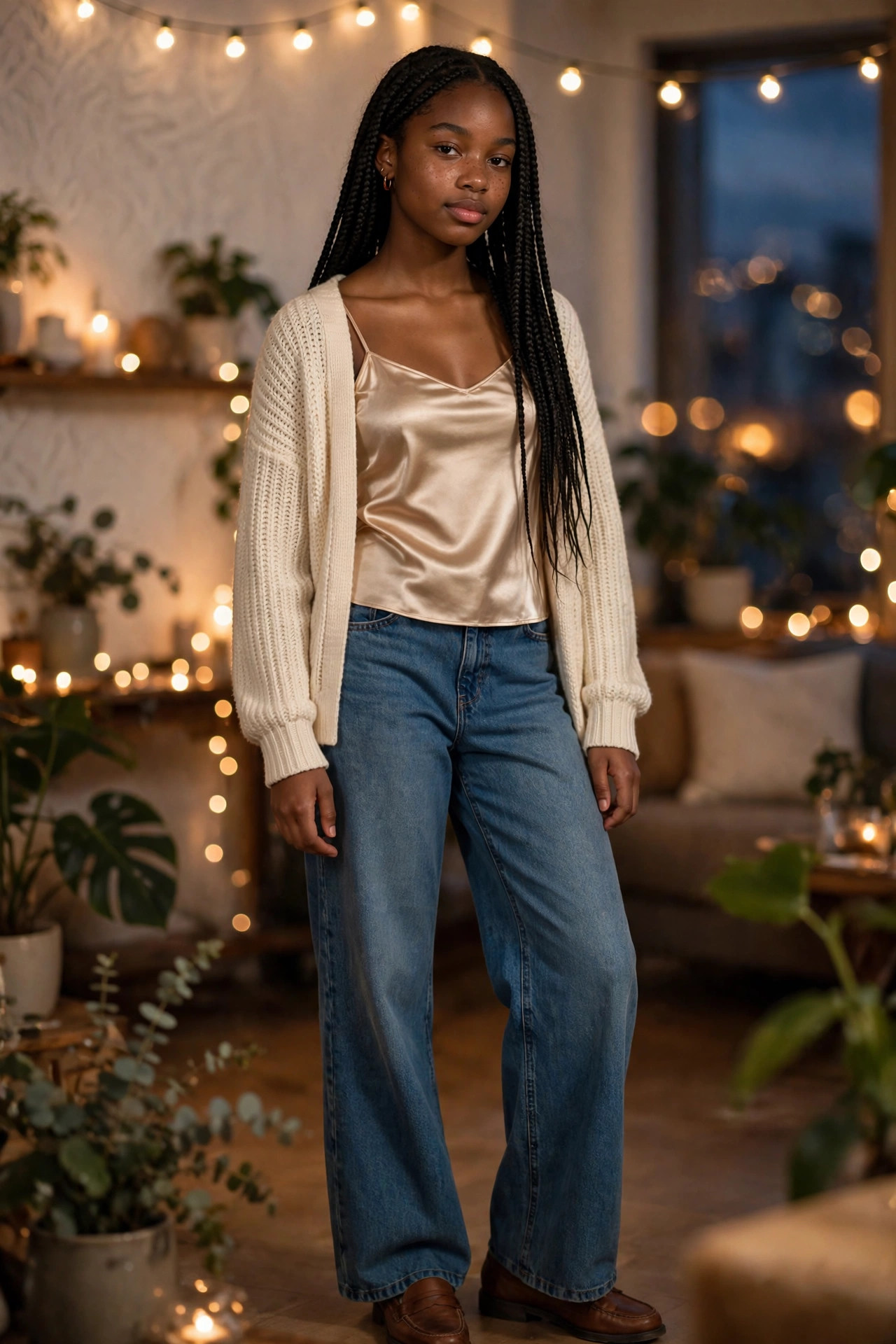 Teen girl in a satin cami with a cardigan and wide-leg jeans at an apartment party