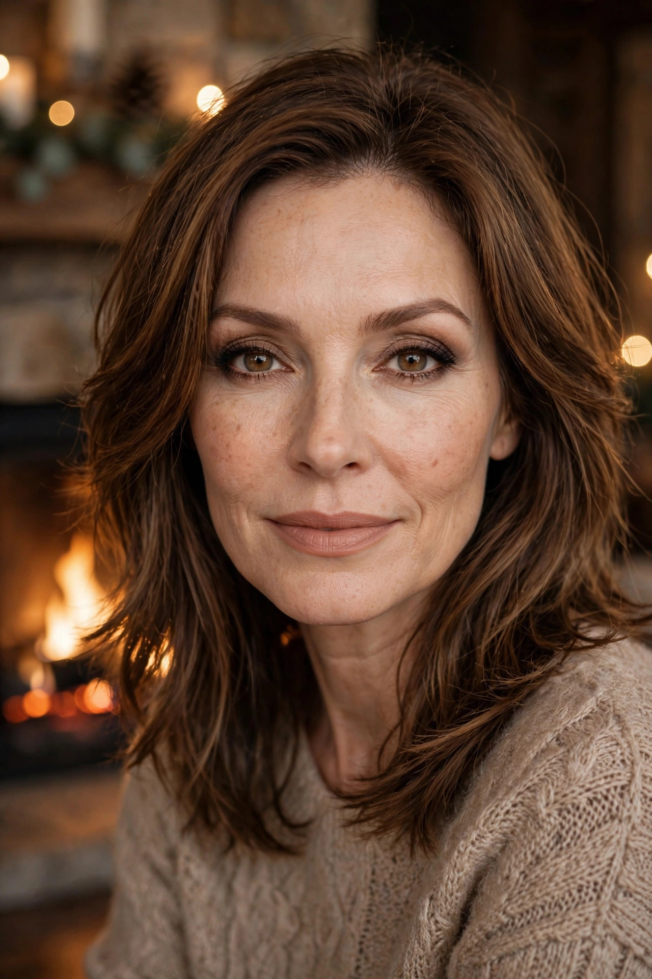 Woman in her mid 40s with shoulder-length layered hair wearing a soft brown smoky eye and nude lip by a fireplace
