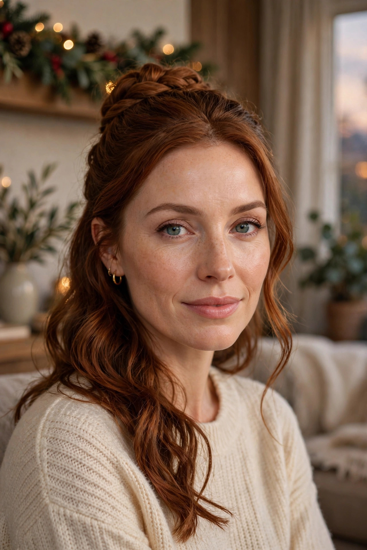 Woman in her early 30s with auburn hair in a half-up braided bun in a living room with garland
