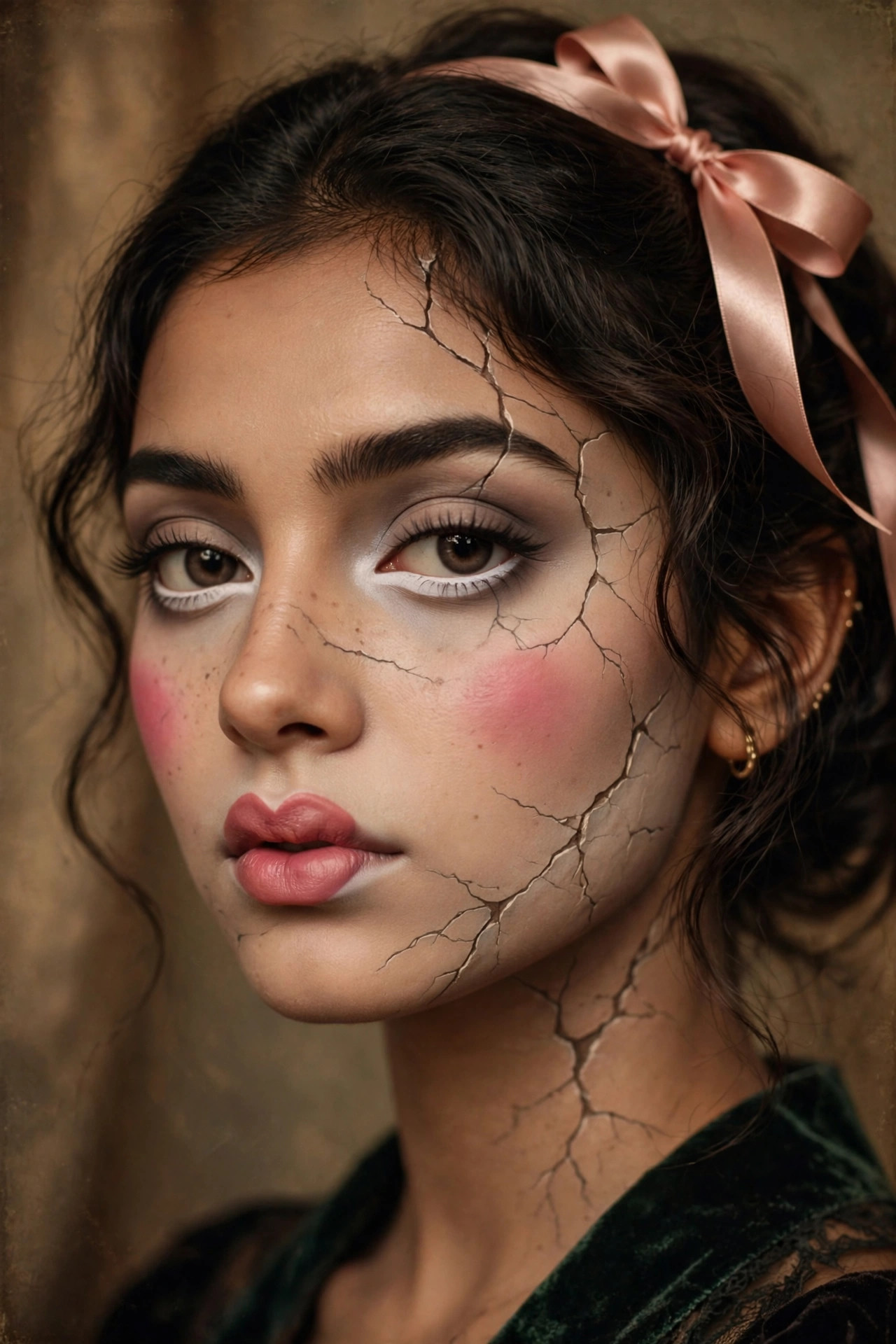 Woman with porcelain doll Halloween makeup, round blush and fine cracked details