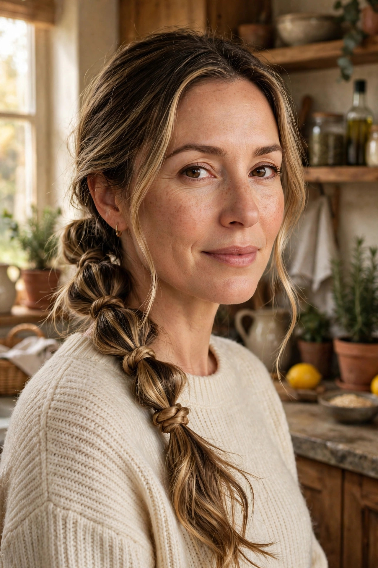 Woman in her late 30s with long dark-blonde hair in a knotted low ponytail in a cozy kitchen