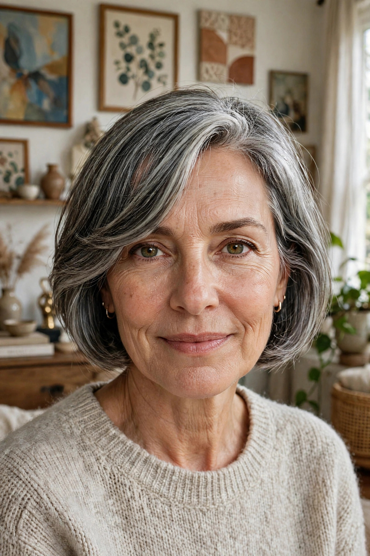 Woman in her late 50s with a salt-and-pepper side-swept bob in an art-filled living room