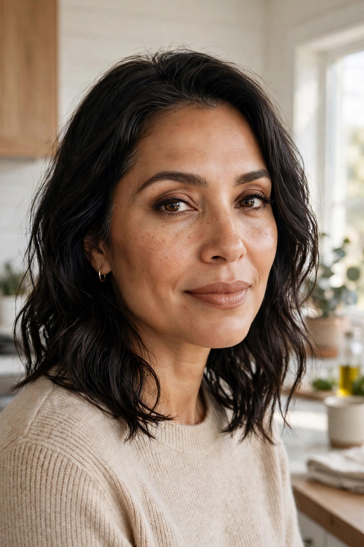 Hispanic woman in her early 40s with warm taupe makeup while hosting in a bright kitchen