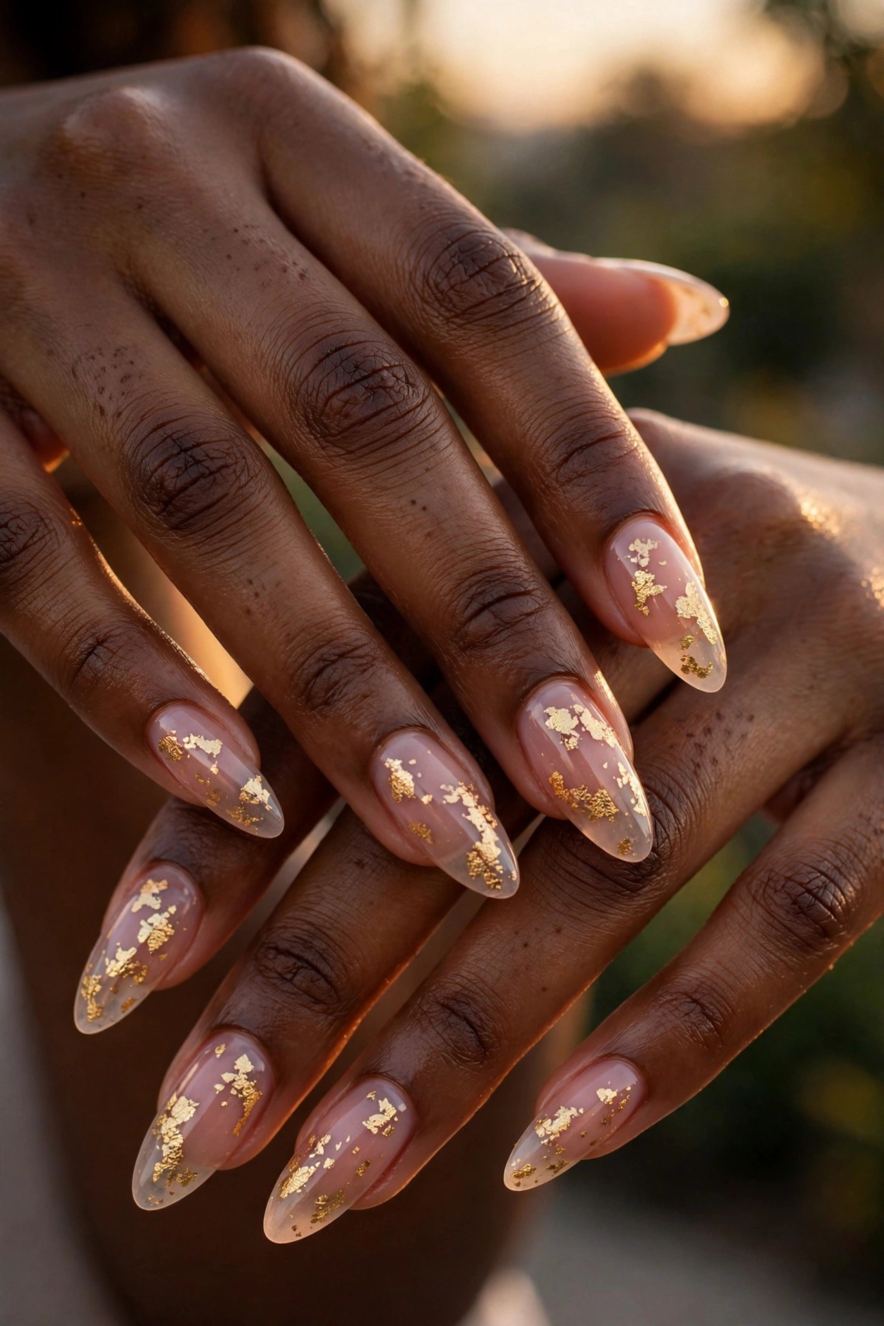Teen hands with deep brown skin and long almond nails with gold leaf flakes on clear polish