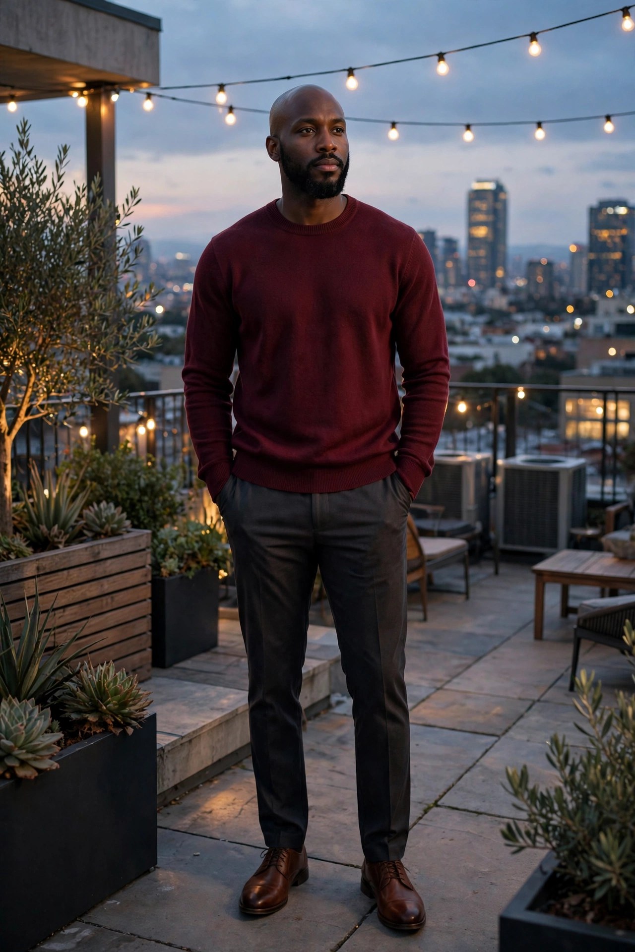 Black man in his 30s wearing a burgundy sweater with dark trousers on a rooftop at evening