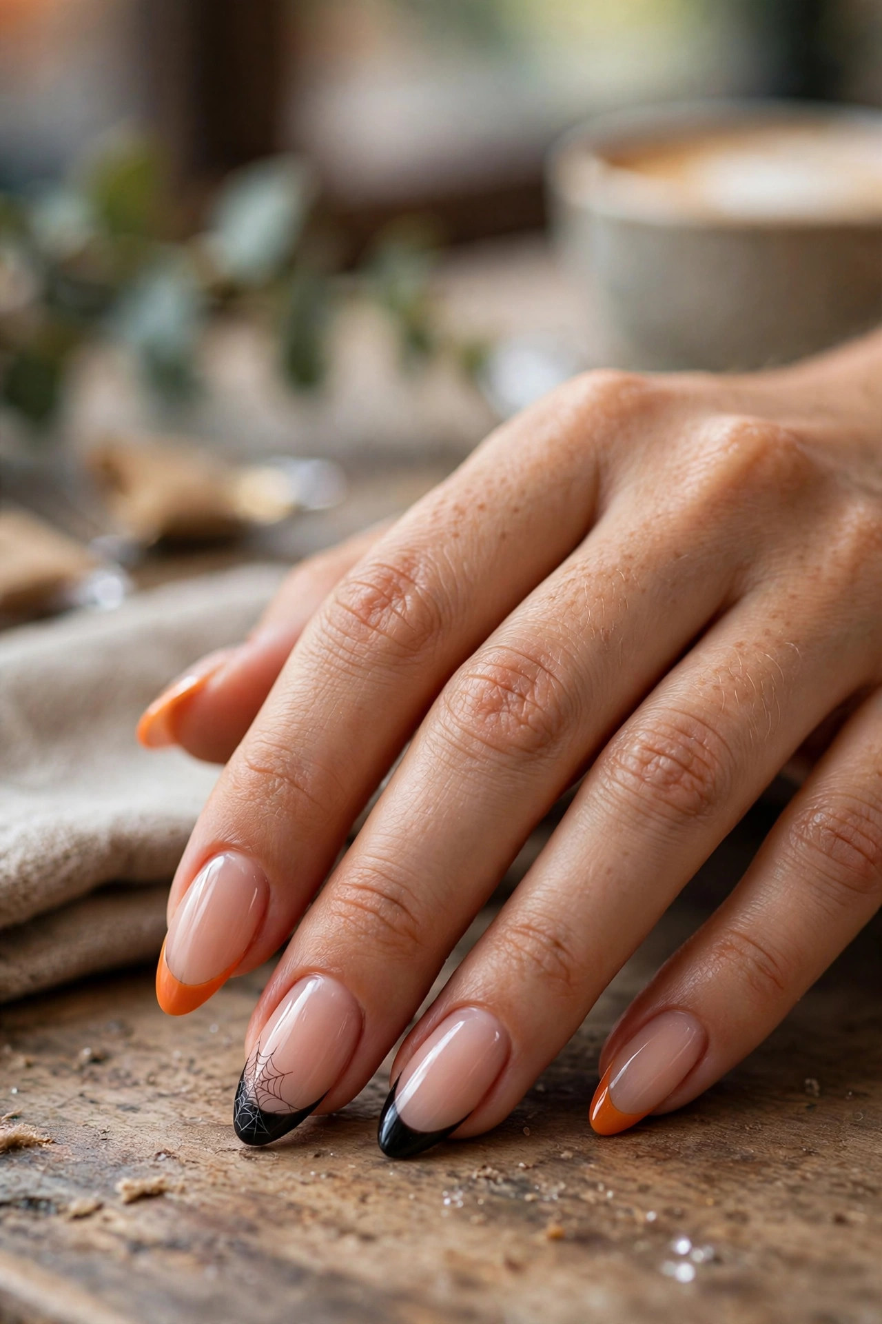 Almond nails with Halloween French tip nail art in orange and black