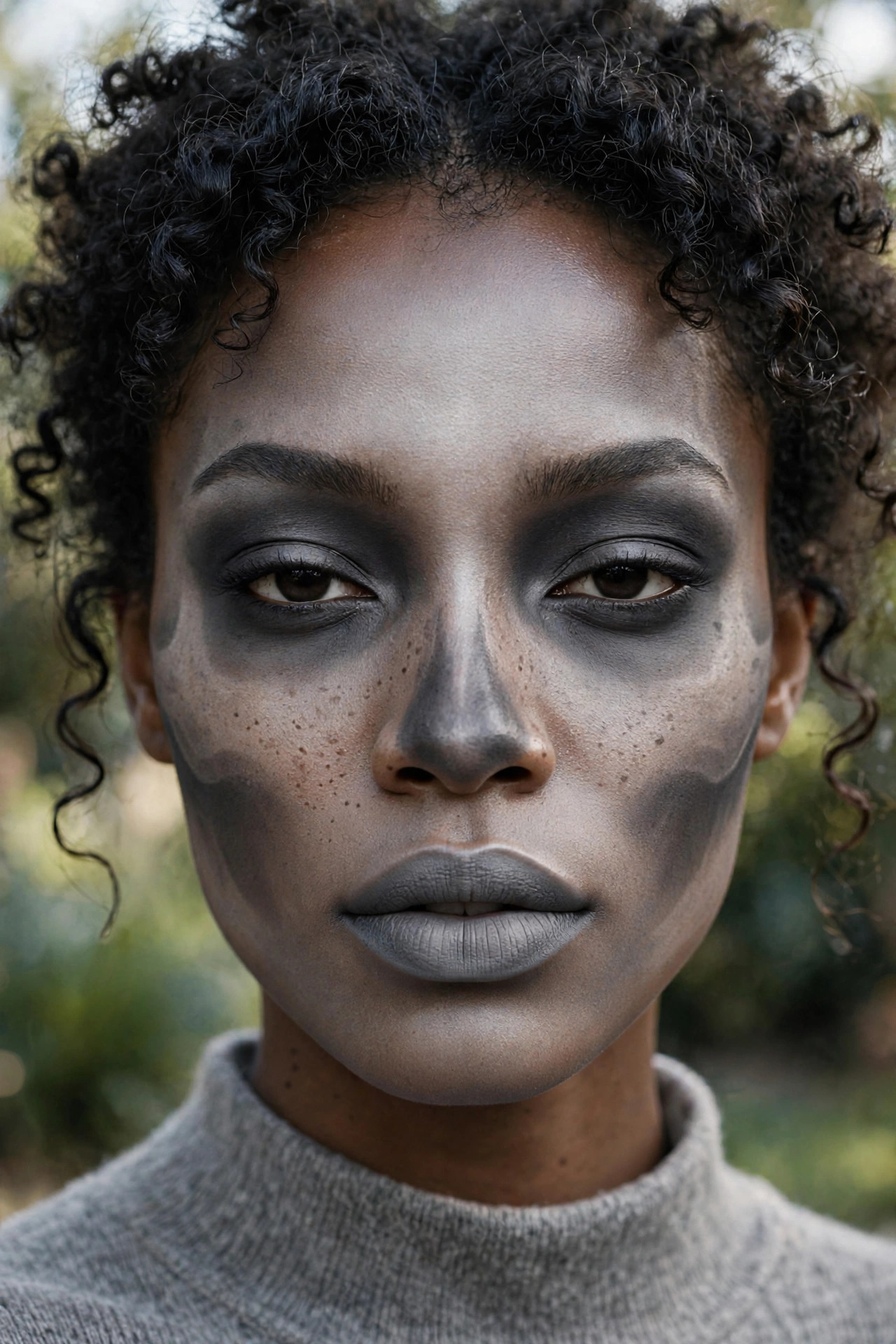 Woman with monochrome grey skull Halloween makeup in soft daylight