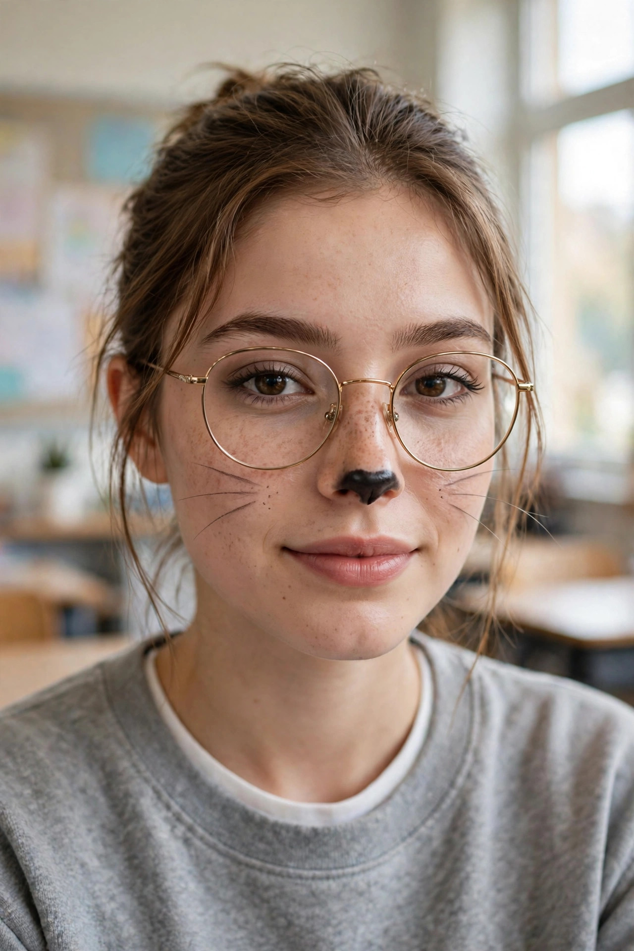 Teen girl with glasses wearing subtle school-safe cat Halloween makeup