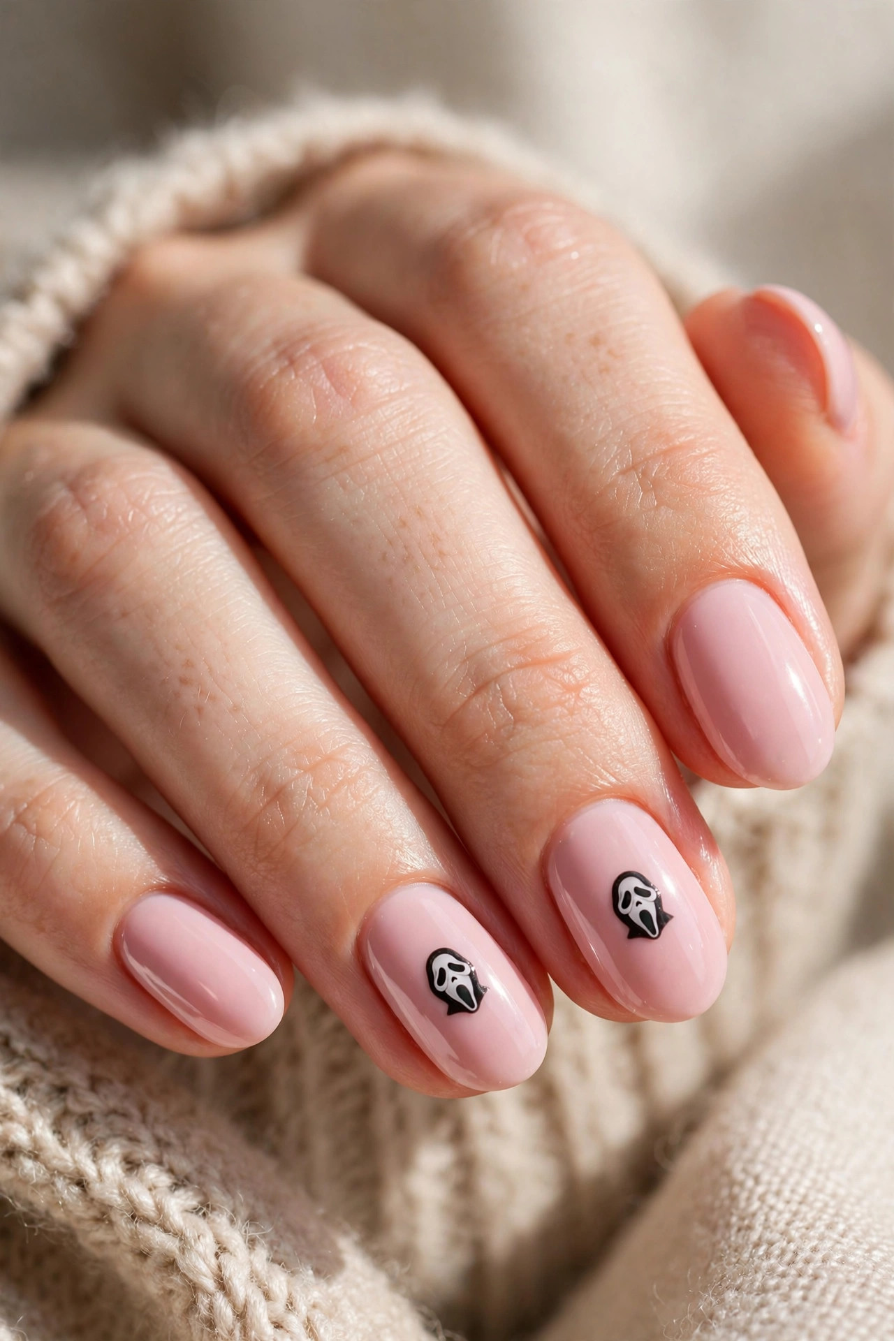 Teen hand with pink nails and cute Ghostface mask accent art