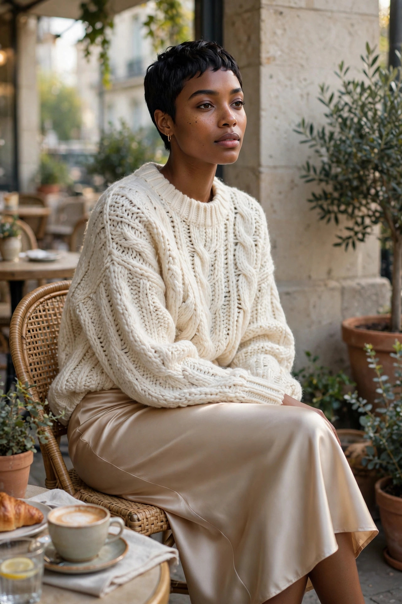 Woman with a short pixie cut in a satin midi skirt and oversized chunky knit sweater on a cafe terrace