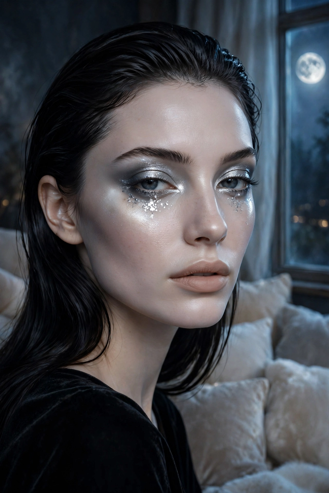 Photorealistic portrait of a woman wearing moonlit silver witch makeup with nude lips
