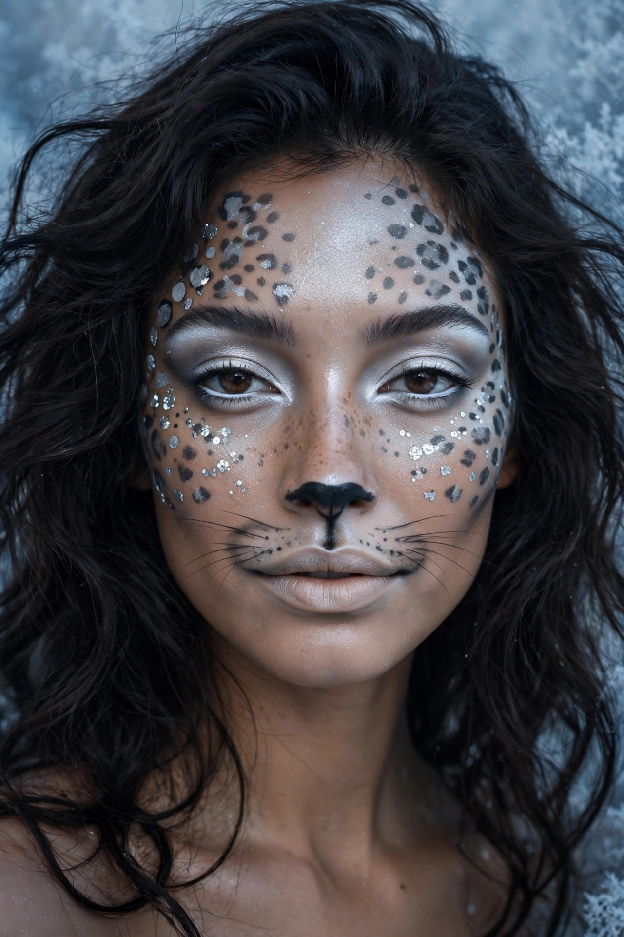 Woman with snow leopard Halloween makeup, silver glitter spots over shimmer base