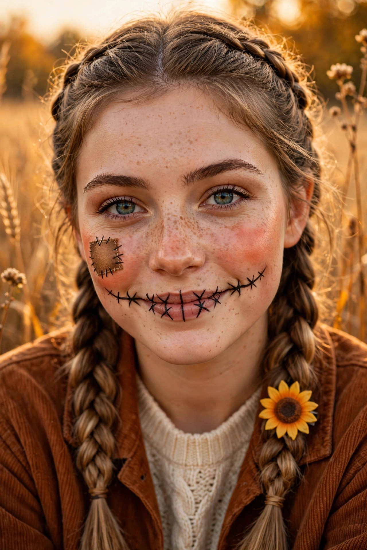 Young woman with cute scarecrow Halloween makeup, stitched smile, and patch cheeks