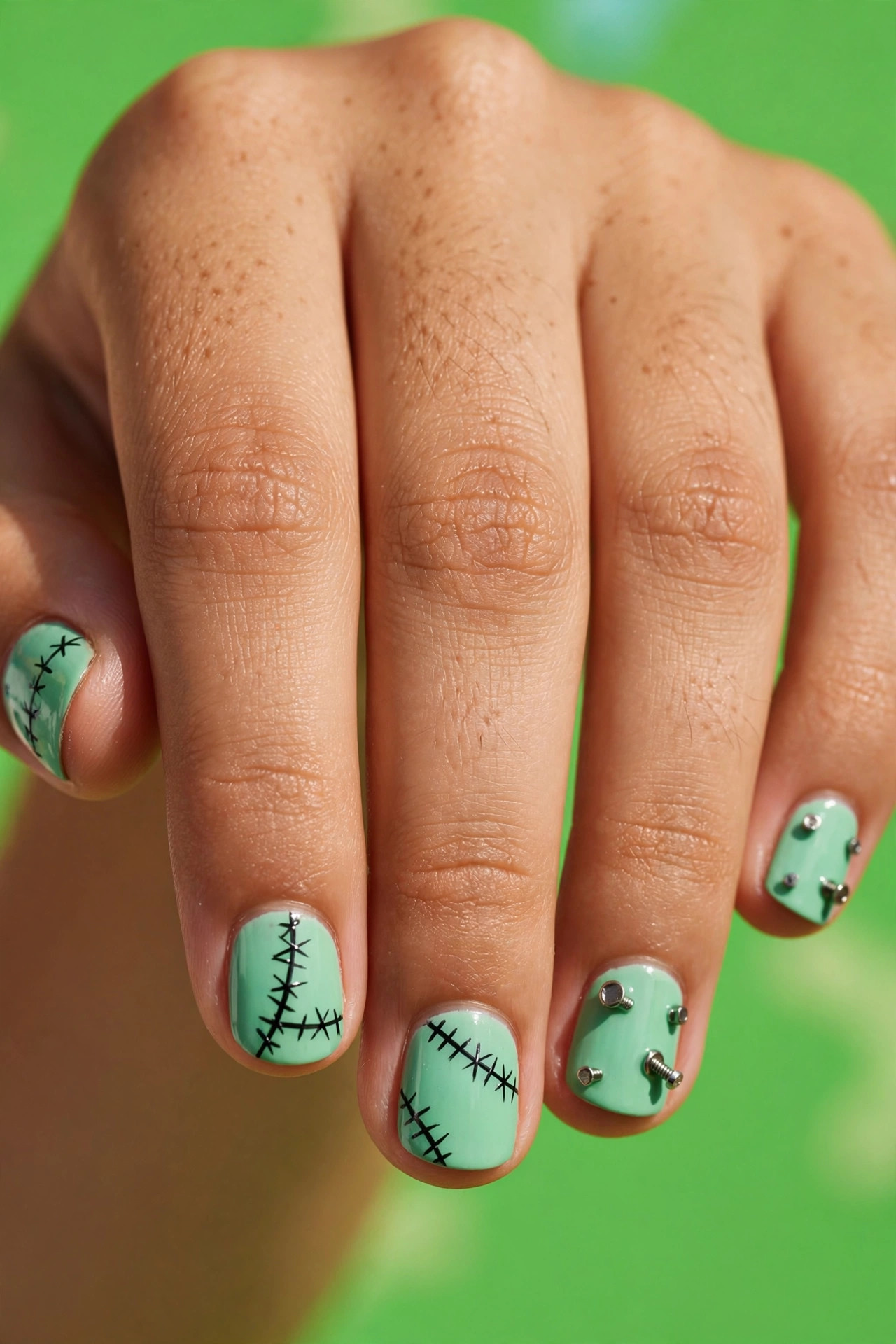 Teen hand with green Frankenstein nail art and black stitch details