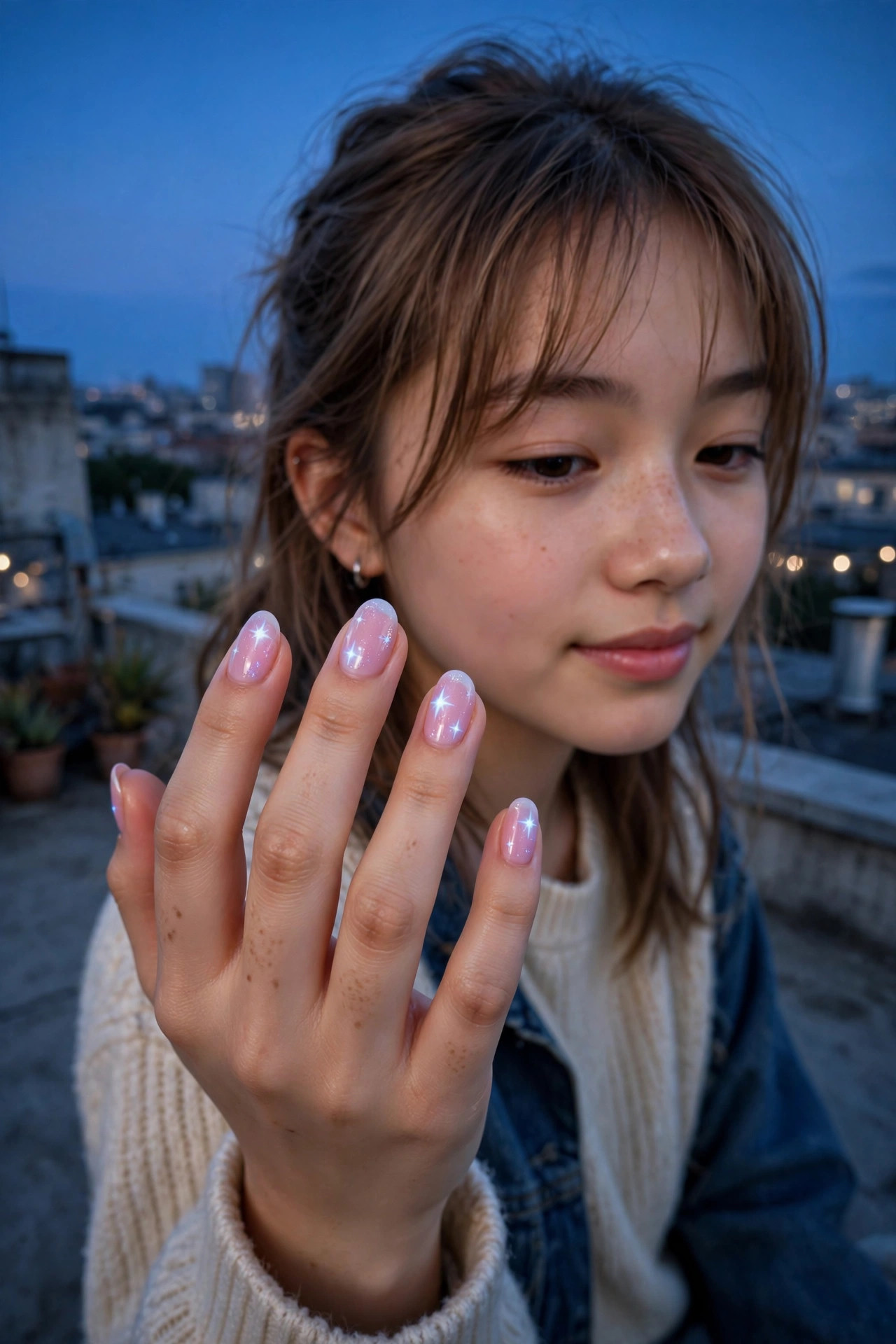 Teen hand with pink nails and glow-in-the-dark star details for Halloween parties