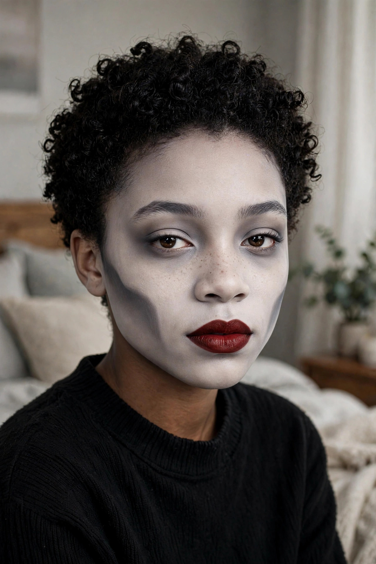 Teen with cool grey-toned contour sculpting gaunt vampire cheekbones